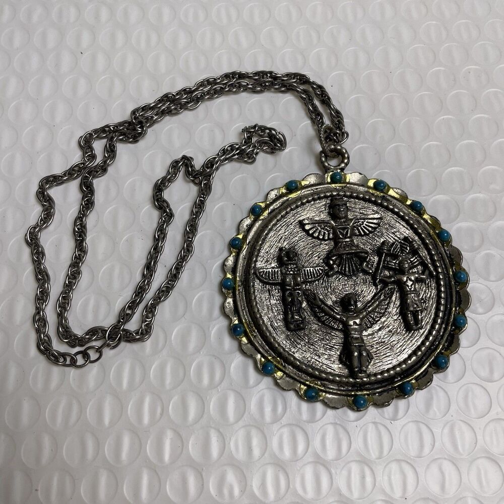Native American Teal Beaded Pendant Necklace Silver Tone Chain